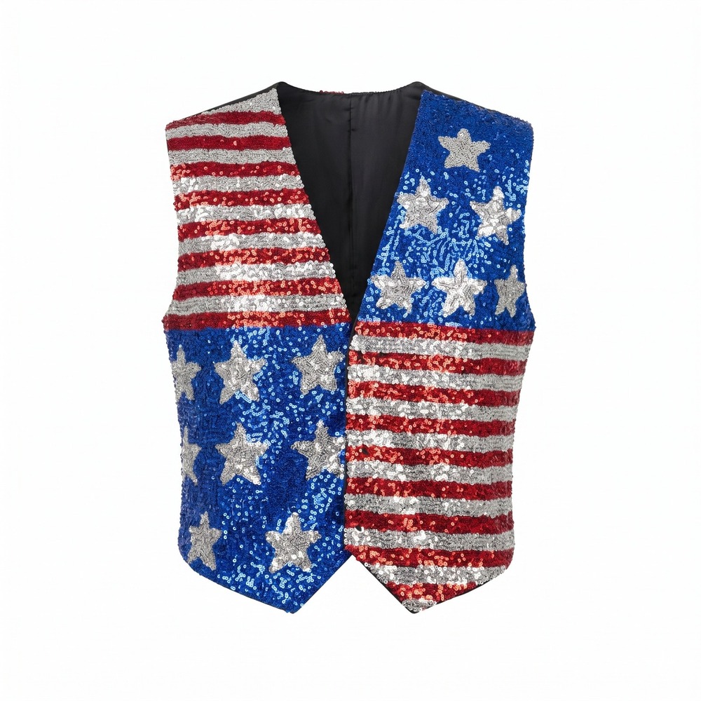Sequin City Vintage Vest M Patriotic American Flag Red White Blue Sequined